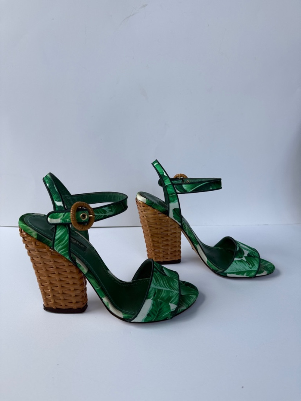 Dolce & Gabbana Palm-Print Green Banana Leaf Raffia Block Heel Sandals size 7 - Picture 6 of 17